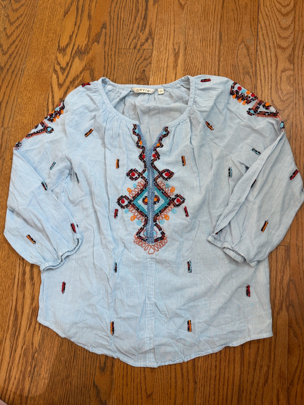 Orvis Light Blue Embroidered Boho Peasant Blouse